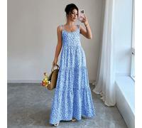 Robe longue décontractée pour femmes pour vacances à la plage, avec bretelles en nœud papillon, sans manches, blocs de couleurs, fleurie fantaisie, avec volants sur l'ourlet, printemps/été L,M,S,XLPla