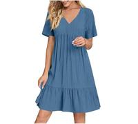 Robe longue décontractée pour personnes âgées avec col en V et trapèze - Robe de plage d'été 2025 pour femme, bleu, 4XL