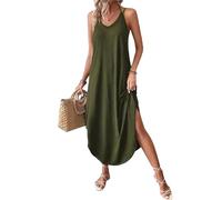 Robe longue d'été à bretelles spaghetti pour femme - Robe longue sans manches fendue - Dos nu, vert militaire, Taille S