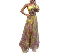 Robe longue d'été à épaules dénudées pour femme - Élégante robe d'été en maille avec fente fendue - Nœud floral - Robe de soirée plissée fluide pour cocktail, plage, invités de mariage, jaune, S