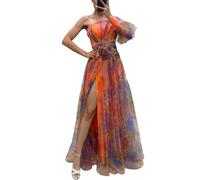 Robe longue d'été à épaules dénudées pour femme - Élégante robe d'été en maille avec fente fendue - Nœud floral - Robe de soirée plissée fluide pour cocktail, plage, invités de mariage, Orange, M