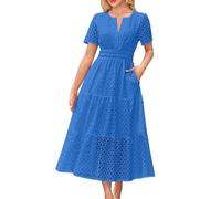 Robe longue d'été à manches courtes pour femme - Col en V - Œillets - Taille haute - Volants - Swing - Ligne A, bleu, XXL