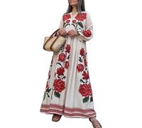 Robe longue d'été bohème à manches bouffantes et col en V pour femme - Style décontracté - Style urbain Y2K, Rouge, S