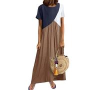 Robe longue d'été décontractée à manches courtes en patchwork pour femme, kaki, L