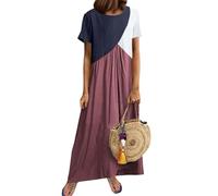 Robe longue d'été décontractée à manches courtes en patchwork pour femme, Rouge, L
