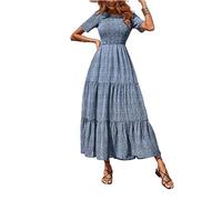 Robe longue d'été décontractée à manches courtes et plissée, style bohème pour femme, bleu, Taille S