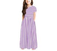 Robe longue d'été décontractée à manches courtes pour filles - Robe élégante pour enfants et bébés - Col rond - Jupe rayée - Jambes larges et légères, violet, 11-12 ans