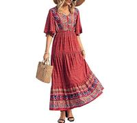 Robe longue d'été décontractée pour femme - Style bohème - Col en V - Manches courtes - Style ethnique - Robe d'été à volants, Rouge, M