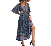 Robe longue d'été décontractée pour femme - Style bohème - Col en V - Manches courtes - Style ethnique - Robe d'été à volants, bleu marine, M