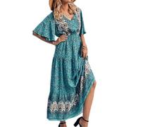 Robe longue d'été décontractée pour femme - Style bohème - Col en V - Manches courtes - Style ethnique - Robe d'été à volants, cyan, L
