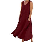 Robe longue d'été en coton et lin sans manches pour femme - Robe fluide et ample - Grande taille - Confortable - Avec poches, #09 Vin, Taille XL