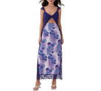 Robe longue d'été florale sexy pour femme avec col en V et bretelles spaghetti en dentelle patchwork dos nu Y2K, a-bleu, S