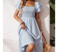 Robe longue d'été ManYin à imprimé intégral, col licou et volants, tenue de vacances à la plage pour femme, rayures bleu et blanc, style côtier et aérien L,M,S,XL,XSRayéTissu tissé