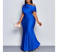 Robe longue d'été pour femme grande taille, de mariage et de soirée, en tissu tricoté brillant de couleur abricot, avec épaules dénudées asymétriques sans manches, découpe à la taille effilochée et ju