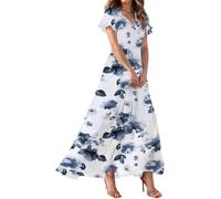 Robe longue d'été pour femme - Robe de plage décontractée à volants - Col en V et manches courtes en mousseline de soie florale - Robe de plage décontractée à volants - Robe trapèze pour fête de