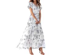 Robe longue d'été pour femme - Robe de plage décontractée à volants - Col en V et manches courtes en mousseline de soie florale - Robe de plage décontractée à volants - Robe trapèze pour fête de