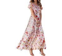 Robe longue d'été pour femme - Robe de plage décontractée à volants - Col en V et manches courtes en mousseline de soie florale - Robe de plage décontractée à volants - Robe trapèze pour fête de