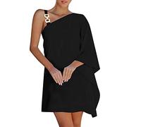 Robe longue d'été pour femme, robe d'été asymétrique, manches chauve-souris, robe décontractée avec bretelles en métal lâche, mini robe de soleil, robe décontractée pour femme, Noir , M