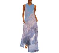 Robe Longue D'Été pour Femmes Cheval Blanc, Fleurs Roses, Forêt Robes de Plage sans Manches à Col en V Style Conte De Fées Onirique Robes Maxi A-Line avec Poches pour Fête Plage Vacances Voyage