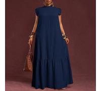 Robe longue d'été/printemps pour femmes de grande taille, coupe ample, couleur unie bleue, texture tissée, col montant, volants sur les bords, idéale pour les festivals de musique, les vacances au bor