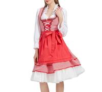 Robe longue Dirndl pour femme rouge avec chemisier Dirndl tablier 3 pièces - Robe traditionnelle bavaroise élégante pour fête de la bière
