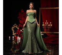 Robe longue dos nu à bretelles, ourlet sirène, patchwork de sequins gris-vert, élégante, romantique et sexy. Parfaite pour les occasions spéciales, les influenceuses, les fêtes, les anniversaires, les