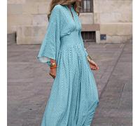 Robe longue élégante à imprimé grille de diamant sans décoration, col en V, manches évasées en cloche, taille froncée, robe maxi pour vacances à la plage, vacances d'été, tenues de vacances L,M,S,XL,X