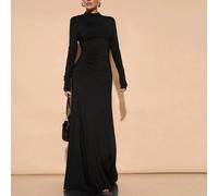 Robe longue élégante de couleur unie à col montant, avec épaule asymétrique, froncée à l'ourlet. Convient pour un cocktail, un rendez-vous romantique, une robe de sous-vêtement d'hiver, une soirée, de