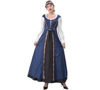 Robe longue élégante Dirndl pour femme, robe de cour, costume rétro, costume de fête de la bière, tenue de performance avec col carré, corset de taille, livres, histoire, médiéval (bleu foncé, taille