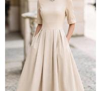 Robe longue élégante Elio Closet pour femme, mode d'été décontractée, pour bureau, banquet et soirée, col blanc, manches mi-longues, taille cintrée, coupe trapèze L,M,S,XLUnicoloreTissu tissé