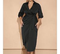 Robe longue élégante en satin vert avec nœud papillon, manches longues, fente asymétrique, pour femmes grandes tailles. Idéale pour les fêtes, les sorties, les soirées de Noël, du Nouvel An et d'Actio