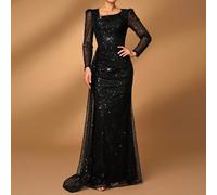 Robe longue élégante et de luxe à manches longues transparentes avec sequins noirs asymétrique au cou, queue de sirène ajustée avec volants sur les côtés. Convient pour le mariage, les événements form