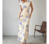 Robe longue élégante et décontractée pour femmes, romantique, pour vacances, plage. Robe fourreau à imprimé floral en maille jaune et rose, col bateau, volants, sans manches, dos nu. Convient pour le 