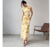 Robe longue élégante et décontractée pour femmes, romantique, pour vacances, plage. Robe fourreau à imprimé floral en maille jaune et rose, col bateau, volants, sans manches, dos nu. Convient pour le 