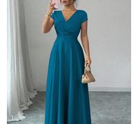 Robe longue élégante et romantique à col V, manches courtes, taille plissée et coupe évasée pour femmes grandes tailles. Convient pour les banquets, les fêtes, les invités de mariage, les tenues de so