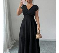 Robe longue élégante et romantique à col V, manches courtes, taille plissée et coupe évasée pour femmes grandes tailles. Convient pour les banquets, les fêtes, les invités de mariage, les tenues de so