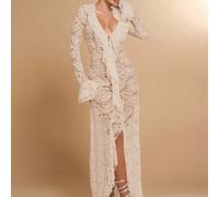 Robe longue élégante et simple à manches longues avec volants et décolleté plongeant, en blanc unicolore, pour l'été et le début du printemps. Robe de demoiselle d'honneur, robe de soirée, robe de ren