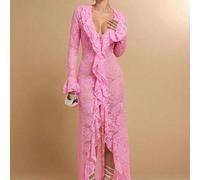 Robe longue élégante et simple à manches longues avec volants et décolleté plongeant, en blanc unicolore, pour l'été et le début du printemps. Robe de demoiselle d'honneur, robe de soirée, robe romant