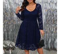 Robe longue élégante noire à col en V et manches longues pour femmes en grande taille, coupe évasée en dentelle, pour l'automne 0XL,1XL,2XL,3XL,4XL,5XLBlocs de couleur,Unicolore,PlantesÉtoffe