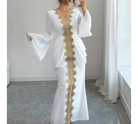 Robe longue élégante pour femme avec bordure en dentelle florale en maille, mariage de début d'automne, dîner, mère de la mariée, blanc et or L,M,S,XLLettres,PlantesTissu tissé