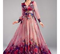 Robe longue élégante pour femme avec encolure en forme de cœur, imprimé floral aléatoire, poignets resserrés et design color block L,M,S,XLBlocs de couleur,Tribal,Plantes,Tout ImpriméTissu tissé