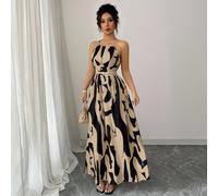 Robe longue élégante pour femmes avec col ras-du-cou, épaules dénudées, design plissé et torsadé, imprimé floral asymétrique color block, pour le printemps/été L,M,S,XLTout ImpriméTissu tissé