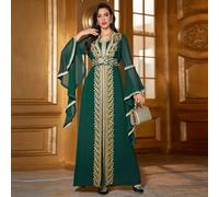 Robe longue élégante pour femmes avec un patchwork de dentelle guipure et des manches longues et évasées, style arabe, kaftan modeste L,M,S,XLBlocs de couleur,Tribal,Motif texturéMousseline