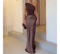 Robe longue élégante pour femmes en couleur unie, avec une épaule, froncée, dos nu, en patchwork de satin bimatière. Parfaite pour les sorties, les fêtes, les cocktails, les invités de mariage et les 