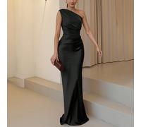 Robe longue élégante pour femmes en couleur unie, avec une épaule, froncée, dos nu, en patchwork de satin bimatière. Parfaite pour les sorties, les fêtes, les cocktails, les invités de mariage et les 