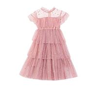 Robe longue en dentelle pour enfant - Tulle - Petites manches volantes - Couleur unie - Fil en maille - Jupe de gâteau - Jupe à marches - Robe festive pour fille, Rose, 110 cm