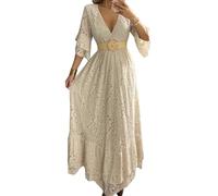 Robe longue en dentelle pour femme, col en V, manches cloches, taille empire avec ceinture dorée, robe bohème blanche, mariage occidental., beige, Taille L