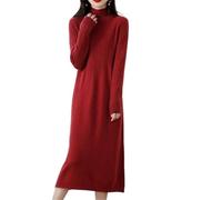 Robe longue en laine tricotée au-dessus du genou pour femme - Coupe ample - Col mi-haut - Longueur ras du sol - Taille empire, rouge brique, L