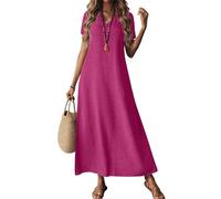 Robe Longue en Lin et Coton pour Femme, col V, Manches Courtes, Fermeture éclair au Dos, Taille cintrée, Rose Rouge, Taille XL