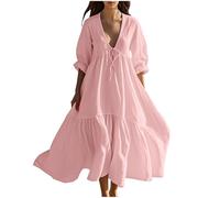 Robe Longue en Lin Femme Été Robes Décontracté à Manches Courtes Couleur Unie Robes Chic et Elegant Col V Robe Tunique Femmes Boheme Jupe Dress de Plage Linen Dresses d'été en Lin et Coton Pas Cher